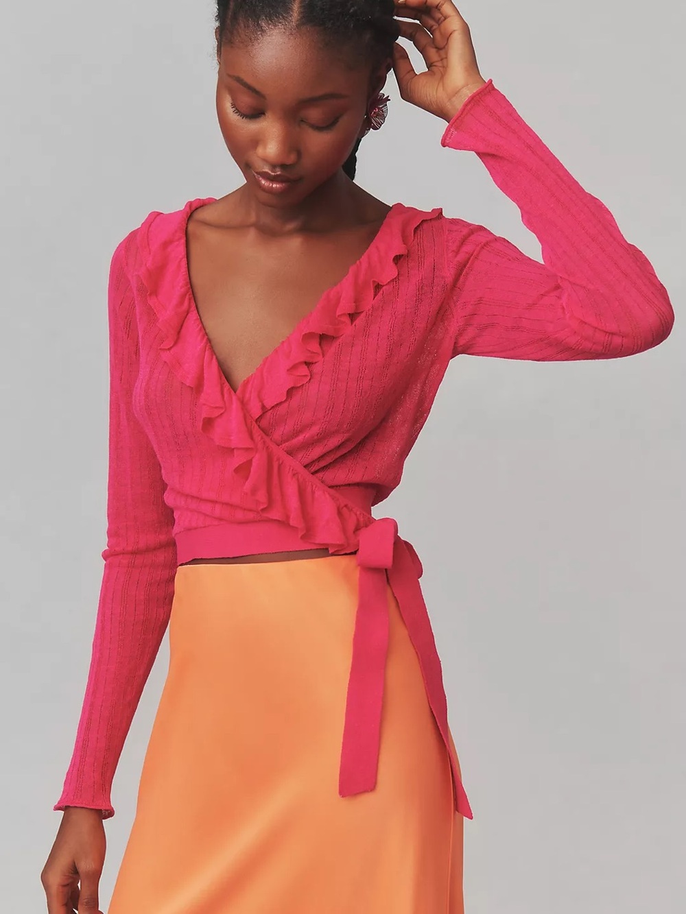 Maeve Linen Ruffled Wrap Cardigan Sweater